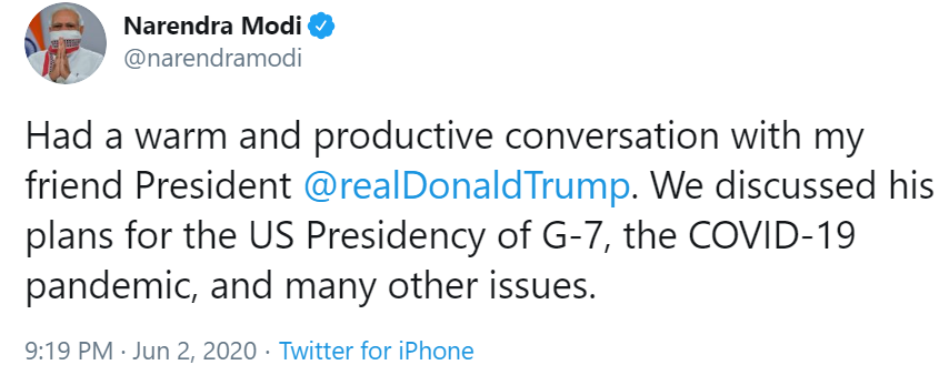 Pm Modi Telephone Conversation President of USA Donald Trump G-7 Meeting